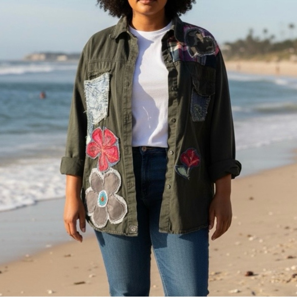 Embroidered Floral Utility Jacket - Olive